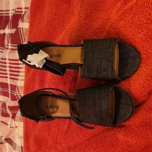 JustFab Talisa dress sandals with 3" heels, size 8.5M, denim